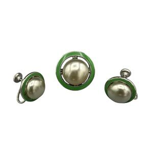 Vintage Faux Pearl Screw Back Earrings & Matching Brooch Green Enamel Set